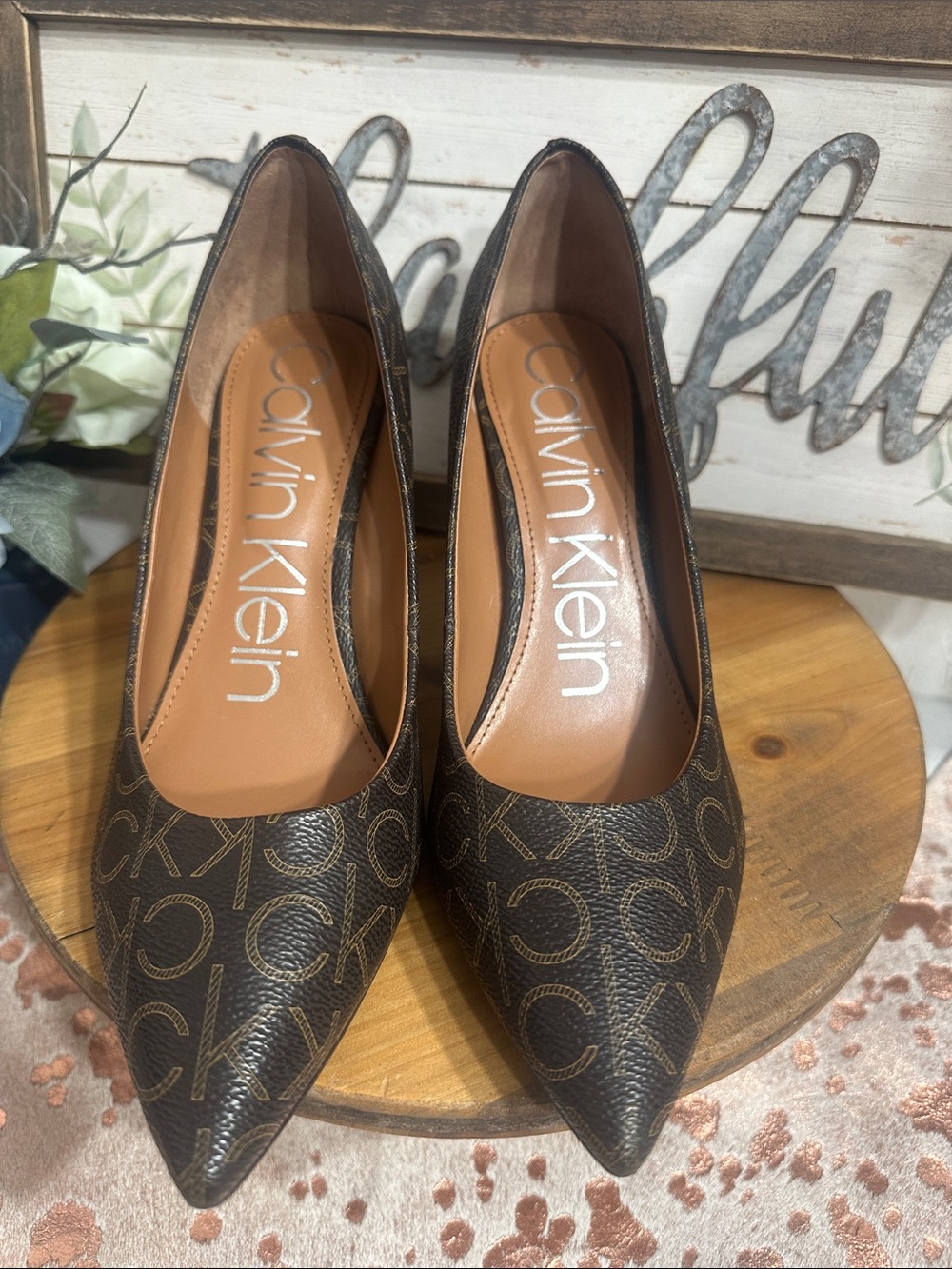 NWOT Calvin Klein Women's Dark Brown Monogram Pointed-Toe Pumps
